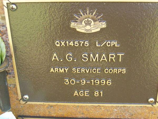 A.G. SMART,  | died 30-9-1996 aged 81 years;  | Bribie Island Memorial Gardens, Caboolture Shire  | 