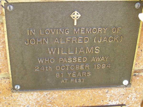 John Alfred (Jack) WILLIAMS,  | died 24 Oct 1994 aged 81 years;  | Bribie Island Memorial Gardens, Caboolture Shire  | 