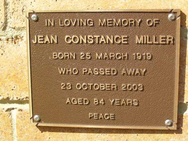 Jean Constance MILLER,  | born 25 March 1919,  | died 23 Oct 2003 aged 84 years;  | Bribie Island Memorial Gardens, Caboolture Shire  | 