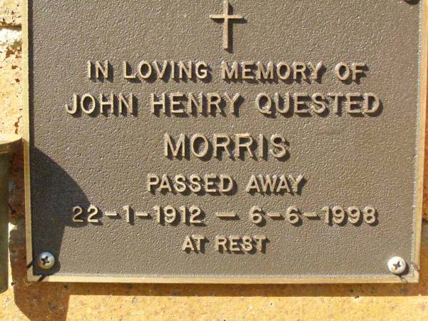 John Henry Quested MORRIS,  | 22-1-1912 - 6-6-1998;  | Bribie Island Memorial Gardens, Caboolture Shire  | 