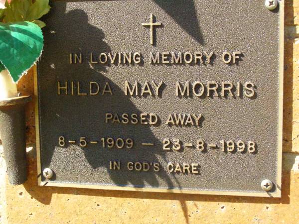 Hilda May MORRIS,  | 8-5-1909 - 23-8-1998;  | Bribie Island Memorial Gardens, Caboolture Shire  | 