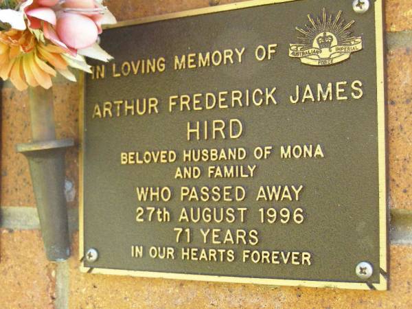 Arthur Frederick James HIRD,  | husband of Mona,  | died 27 Aug 1996 aged 71 years;  | Bribie Island Memorial Gardens, Caboolture Shire  | 