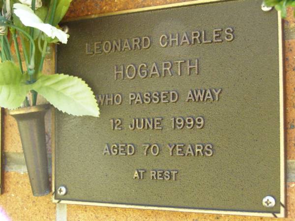 Leonard Charles HOGARTH,  | died 12 June 1999 aged 70 years;  | Bribie Island Memorial Gardens, Caboolture Shire  | 