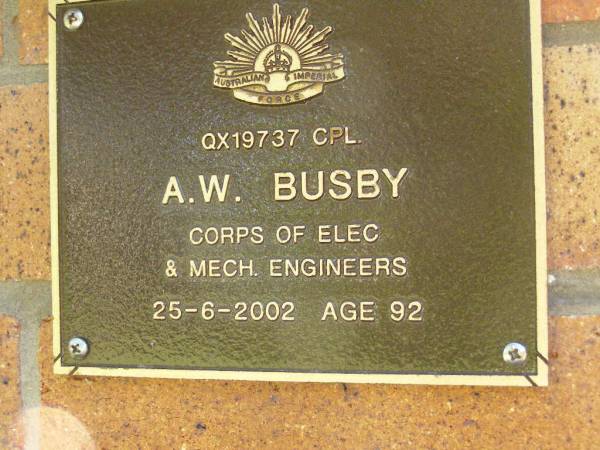 A.W. BUSBY,  | died 25-6-2002 aged 92 years;  | Bribie Island Memorial Gardens, Caboolture Shire  | 