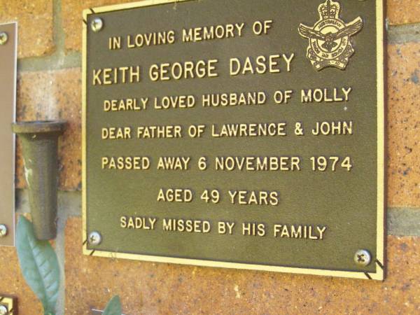 Keith George DASEY,  | husband of Molly,  | father of Lawrence & John,  | died 6 Nov 1974 aged 49 years;  | Bribie Island Memorial Gardens, Caboolture Shire  | 