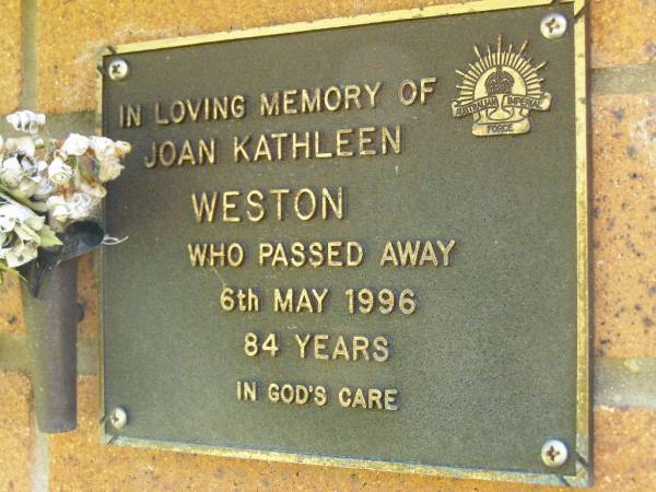 Joan Kathleen WESTON,  | died 6 May 1996 aged 84 years;  | Bribie Island Memorial Gardens, Caboolture Shire  | 
