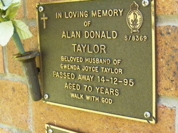 Alan Donald TAYLOR,  | husband of Gwenda Joyce TAYLOR,  | died 14-12-95 aged 70 years;  | Bribie Island Memorial Gardens, Caboolture Shire  | 