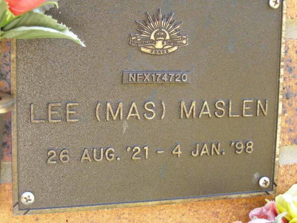 Lee (Mas) MASLEN,  | 26 Aug '21 - 4 Jan '98;  | Bribie Island Memorial Gardens, Caboolture Shire  | 