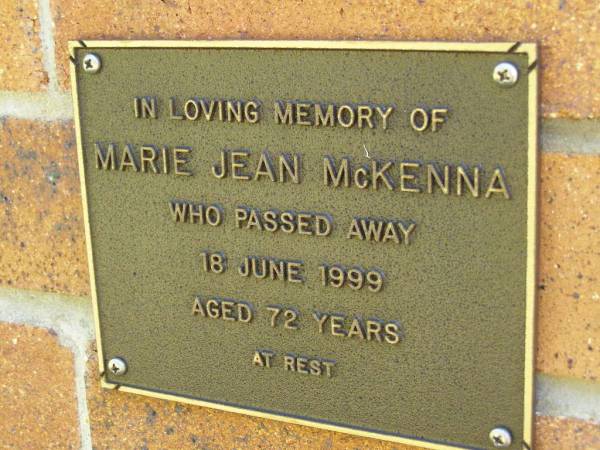 Marie Jean MCKENNA,  | died 18 June 1999 aged 72 years;  | Bribie Island Memorial Gardens, Caboolture Shire  | 