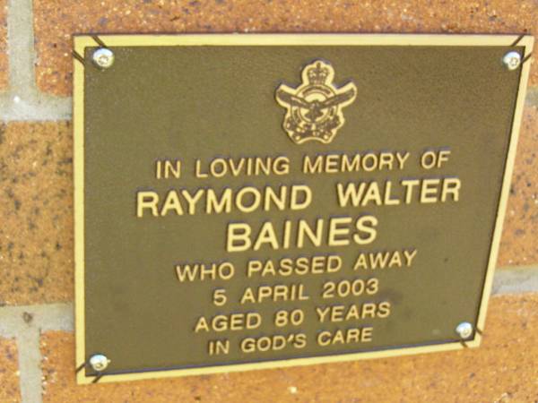 Raymond Walter BAINES,  | died 5 April 2003 aged 80 years;  | Bribie Island Memorial Gardens, Caboolture Shire  | 