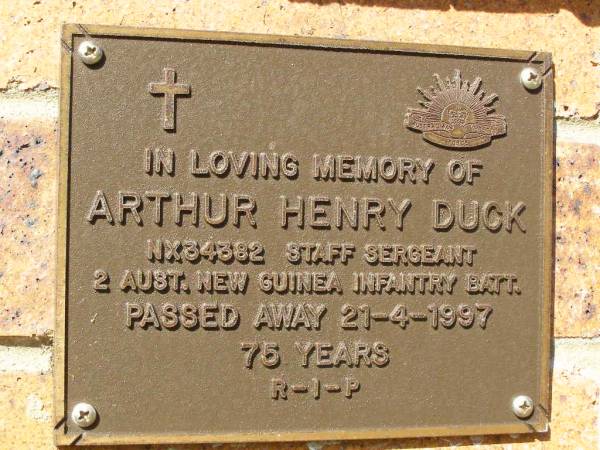 Arthur Henry DUCK,  | died 21-4-1997 aged 75 years;  | Bribie Island Memorial Gardens, Caboolture Shire  | 