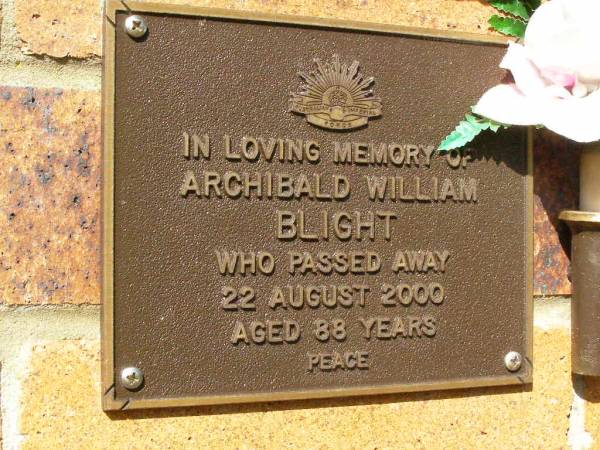 Archibald William BLIGHT,  | died 22 Aug 2000 aged 88 years;  | Bribie Island Memorial Gardens, Caboolture Shire  | 