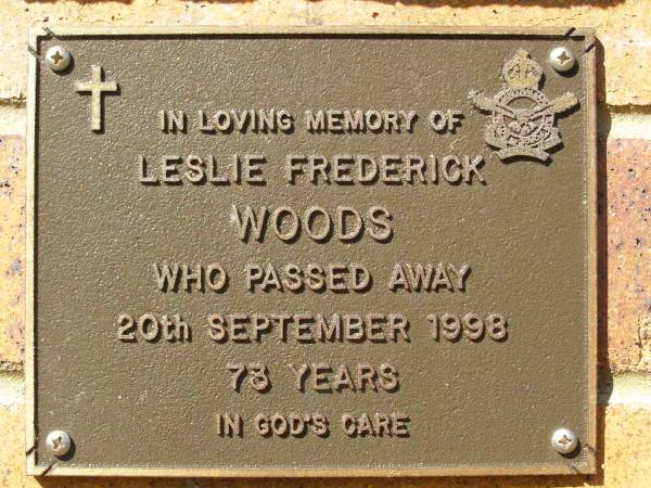 Leslie Frederick WOODS,  | died 20 Sept 1998 aged 73 years;  | Bribie Island Memorial Gardens, Caboolture Shire  | 