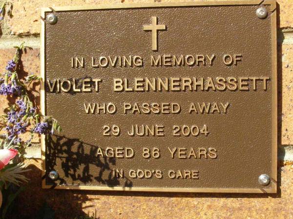 Violet BLENNERHASSETT,  | died 29 June 2004 aged 86 years;  | Bribie Island Memorial Gardens, Caboolture Shire  | 