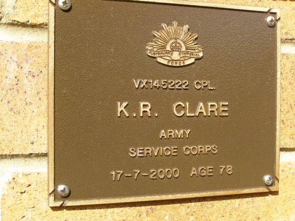 K.R. CLARE,  | died 17-7-2000 aged 78 years;  | Bribie Island Memorial Gardens, Caboolture Shire  | 