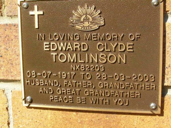 Edward Clyde TOMLINSON,  | 08-07-1917 - 28-03-2003,  | husband father grandfather great-grandfather;  | Bribie Island Memorial Gardens, Caboolture Shire  | 