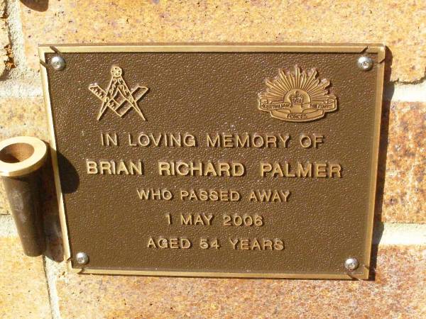 Brian Richard PALMER,  | died 1 May 2006 aged 54 years;  | Bribie Island Memorial Gardens, Caboolture Shire  | 