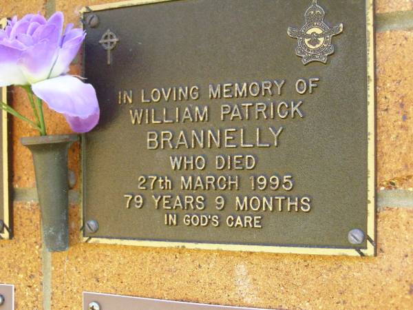 William Patrick BRANNELLY,  | did 27 March 1995 aged 79 years 9 months;  | Bribie Island Memorial Gardens, Caboolture Shire  | 