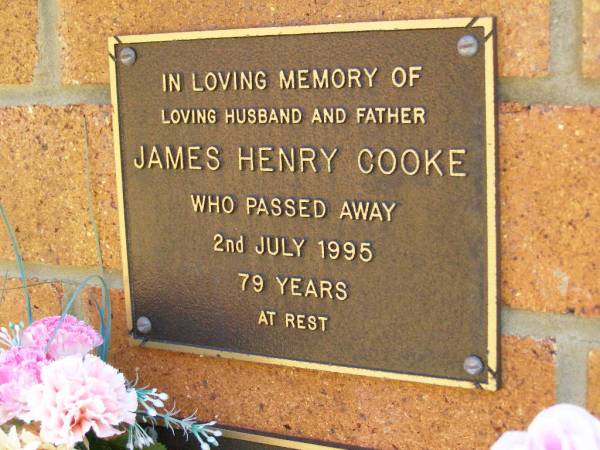 James Henry COOKE,  | husband father,  | died 2 July 1995 aged 79 years;  | Bribie Island Memorial Gardens, Caboolture Shire  | 