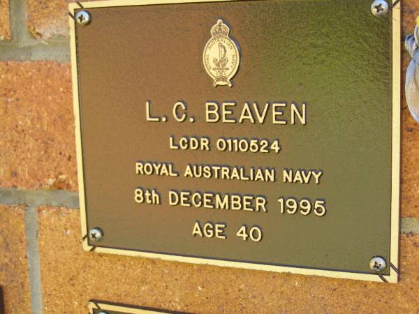 L.C. BEAVEN,  | died 8 Dec 1995 aged 40 years;  | Bribie Island Memorial Gardens, Caboolture Shire  | 