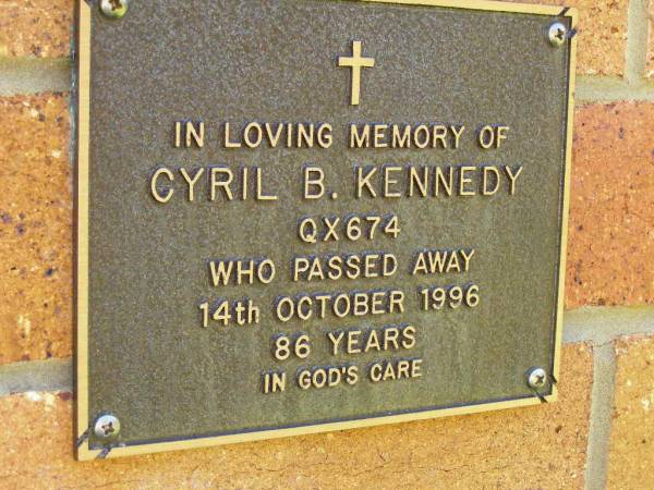 Cyril B. KENNEDY,  | died 14 Oct 1996 aged 86 years;  | Bribie Island Memorial Gardens, Caboolture Shire  | 