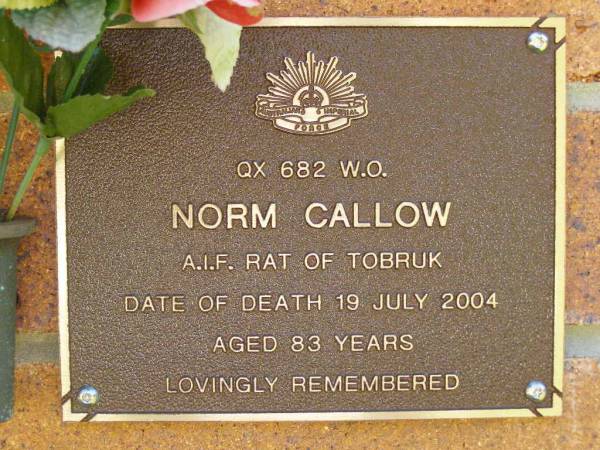 Norm CALLOW,  | died 19 July 2004 aged 83 years;  | Bribie Island Memorial Gardens, Caboolture Shire  | 