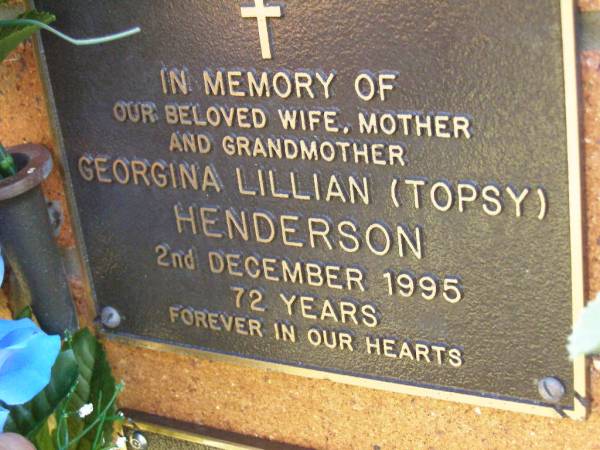 Georgina Lillian (Topsy) HENDERSON,  | wife mother grandmother,  | died 2 Dec 1995 aged 72 years;  | Bribie Island Memorial Gardens, Caboolture Shire  | 
