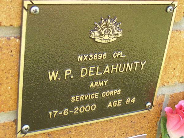 W.P.DELAHUNTY,  | died 17-6-2000 aged 84 years;  | Bribie Island Memorial Gardens, Caboolture Shire  | 