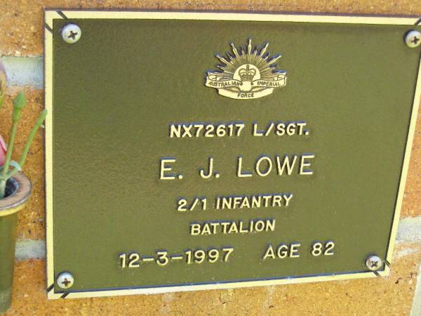 E.J. LOWE,  | died 12-3-1997 aged 82 years;  | Bribie Island Memorial Gardens, Caboolture Shire  | 