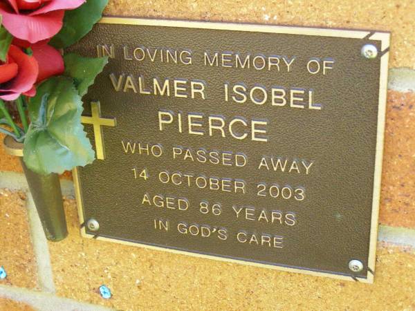 Walmer Isobel PIERCE,  | died 14 Oct 2003 aged 86 years;  | Bribie Island Memorial Gardens, Caboolture Shire  | 