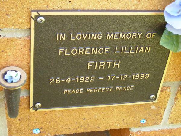 Florence Lillian FIRTH  | 26-4-1922 - 17-12-1999;  | Bribie Island Memorial Gardens, Caboolture Shire  | 