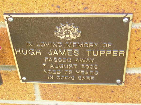 Hugh James TUPPER,  | died 7 Aug 2003 aged 72 years;  | Bribie Island Memorial Gardens, Caboolture Shire  | 