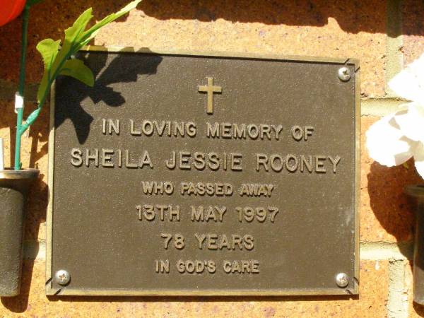 Sheila Jessie ROONEY,  | died 13 May 1997 aged 78 years;  | Bribie Island Memorial Gardens, Caboolture Shire  | 