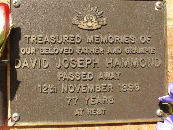 David Joseph HAMMOND,  | father grampie,  | died 12 Nov 1996 aged 77 years;  | Bribie Island Memorial Gardens, Caboolture Shire  | 