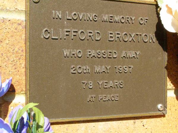Clifford BROXTON,  | died 20 May 1997 aged 78 years;  | Bribie Island Memorial Gardens, Caboolture Shire  | 