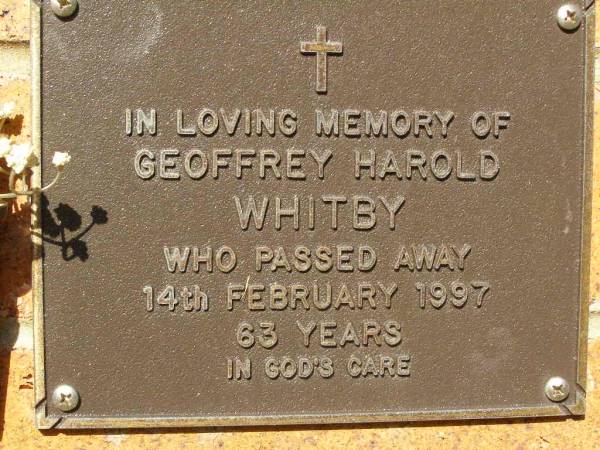 Geoffrey Harold WHITBY,  | died 14 Feb 1997 aged 63 years;  | Bribie Island Memorial Gardens, Caboolture Shire  | 