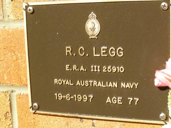 R.C. LEGG,  | died 19-6-1997 aged 77 years;  | Bribie Island Memorial Gardens, Caboolture Shire  | 
