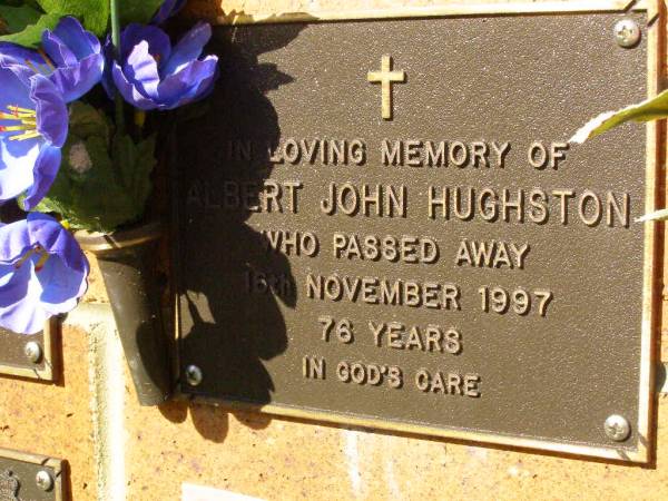 Albert John HUGHSTON,  | died 16 Nov 1997 aged 76 years;  | Bribie Island Memorial Gardens, Caboolture Shire  | 