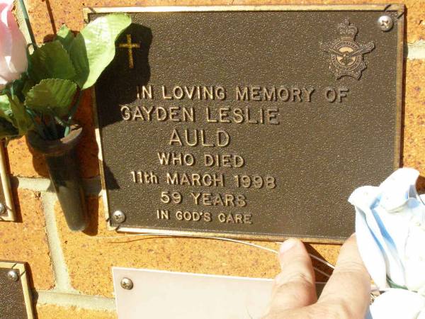 Gayden Leslie AULD,  | died 11 March 1998 aged 59 years;  | Bribie Island Memorial Gardens, Caboolture Shire  | 