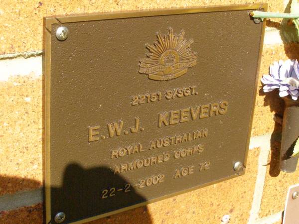 E.W.J. KEEVERS,  | died 22-2-2002 aged 72 years;  | Bribie Island Memorial Gardens, Caboolture Shire  | 