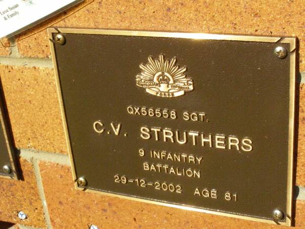 C.V. STRUTHERS,  | died 29-12-2002 aged 81 years;  | Bribie Island Memorial Gardens, Caboolture Shire  | 
