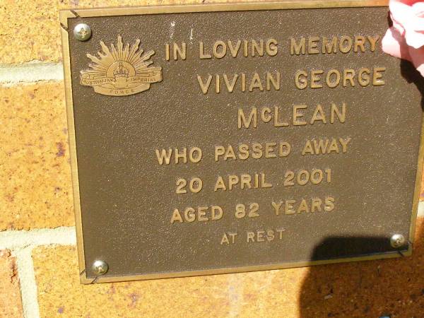 Vivian George MCLEAN,  | died 20 April 2001 aged 82 years;  | Bribie Island Memorial Gardens, Caboolture Shire  | 