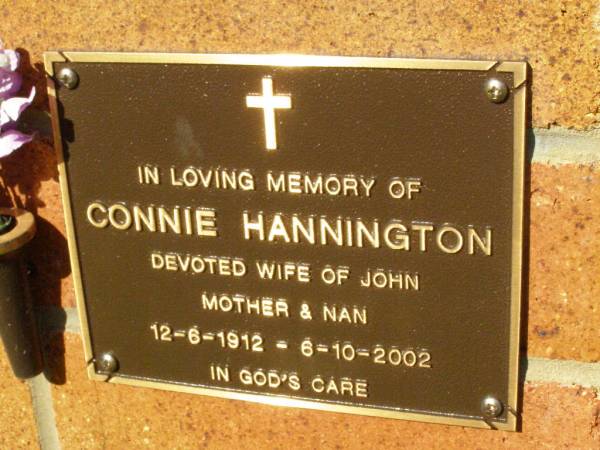 Connie HANNINGTON,  | wife of John,  | mother nan,  | 12-6-1912 - 6-10-2002;  | Bribie Island Memorial Gardens, Caboolture Shire  | 