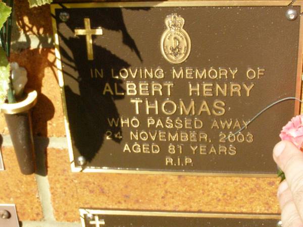 Albert Henry THOMAS,  | died 24 Nov 2003 aged 81 years;  | Bribie Island Memorial Gardens, Caboolture Shire  | 
