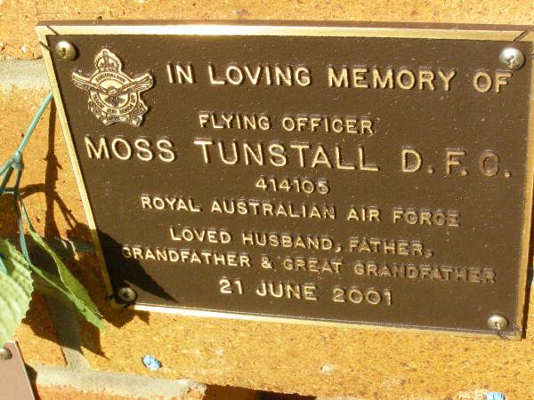 Moss TUNSTALL,  | husband father grandfather great-grandfather,  | died 21 June 2001;  | Bribie Island Memorial Gardens, Caboolture Shire  | 