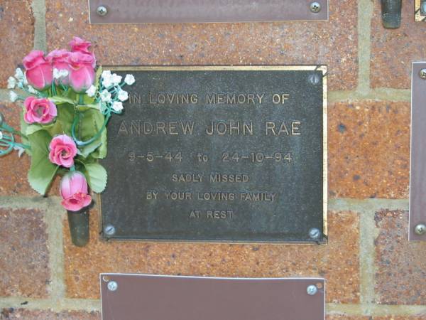 Andrew John RAE,  | 9-5-44 - 24-10-94;  | Bribie Island Memorial Gardens, Caboolture Shire  | 