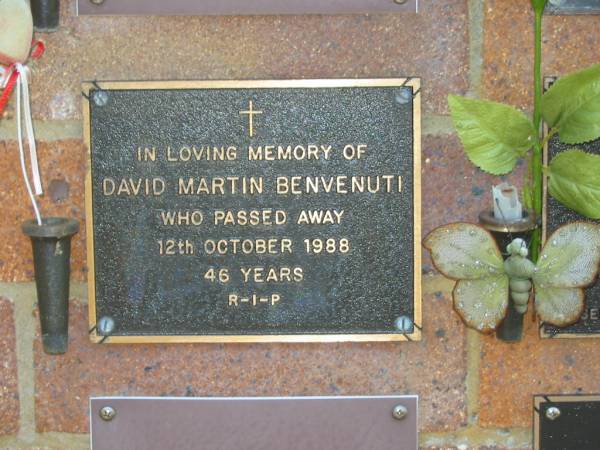 David Martin BENVENUTI,  | died 12 Oct 1988 aged 46 years;  | Bribie Island Memorial Gardens, Caboolture Shire  | 
