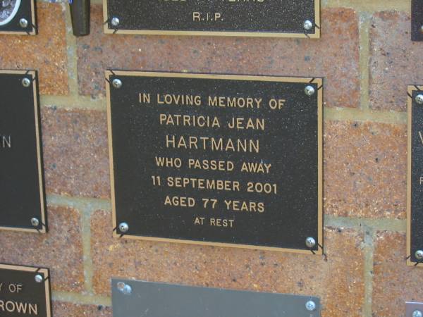 Patricia Jean HARTMANN,  | died 11 Sept 2001 aged 77 years;  | Bribie Island Memorial Gardens, Caboolture Shire  | 