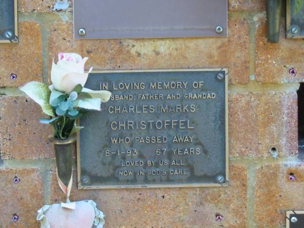 Charles Marks CHRISTOFFEL,  | husband father grandad,  | died 8-1-93 aged 67 years;  | Bribie Island Memorial Gardens, Caboolture Shire  | 