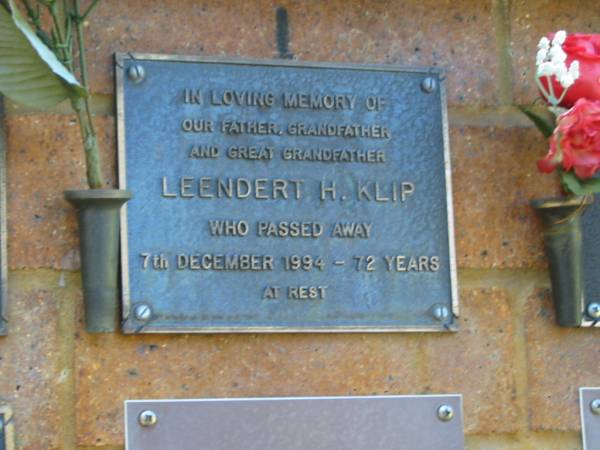 Leendert H. KLIP,  | father grandfather great-grandfather,  | died 7 Dec 1994 aged 72 years;  | Bribie Island Memorial Gardens, Caboolture Shire  | 